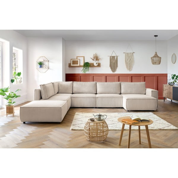 Kampinė sofa kreminės spalvos iš kordinio velveto (su kairiuoju kampu/„U“ formos) Nihad modular – Bobochic Paris-image-1