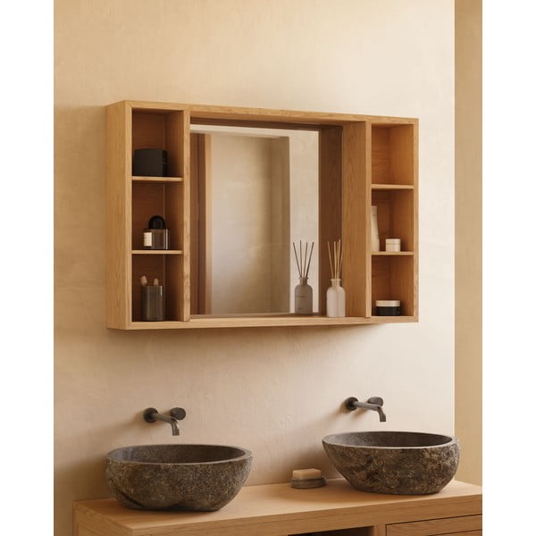 Pakabinama/su veidrodžiu vonios daiktadėžė natūralios spalvos iš tikmedžio masyvo 100x65 cm Parana – Kave Home-image-3