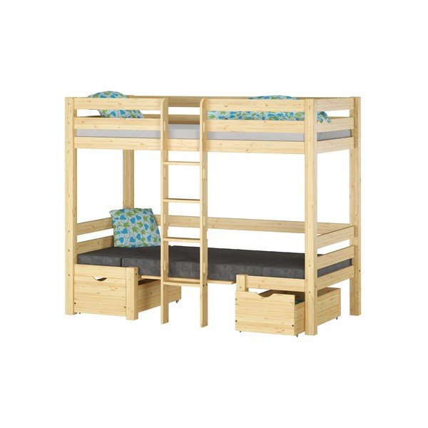 Dviauktė iš pušies masyvo vaikiška lova natūralios spalvos su sandėliavimo vieta 90x200 cm Elen – Olivia Living
