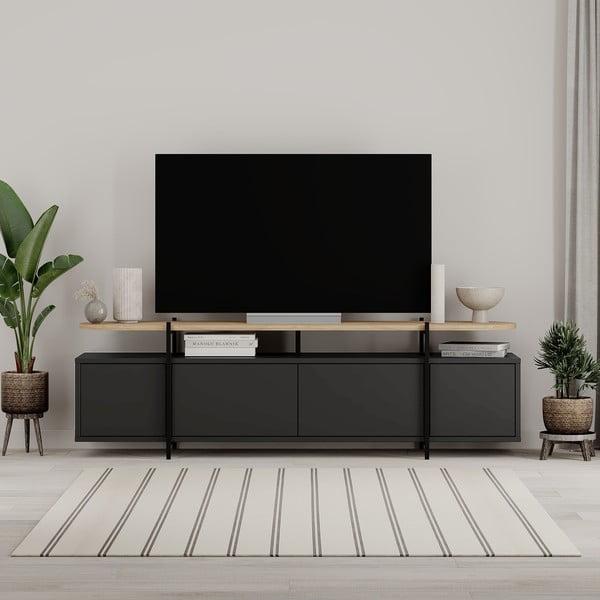 TV spintelė juodos spalvos iš ąžuolo 160x48 cm Hinoa – Marckeric-image-1