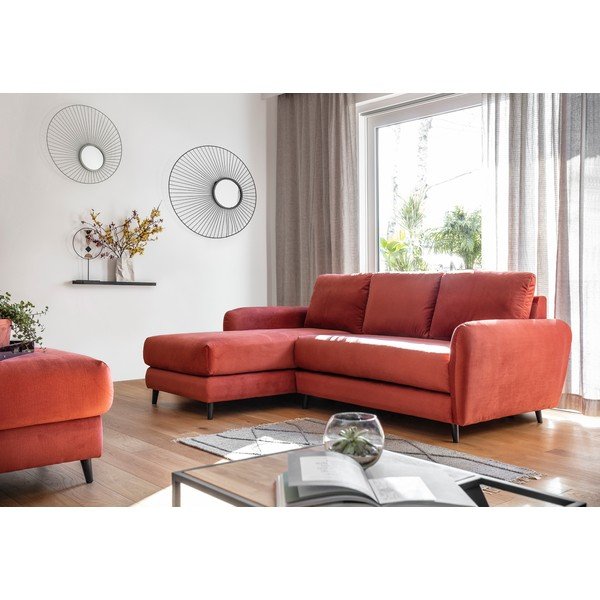 Raudonos spalvos aksominė kampinė sofa su pakoja Miuform Cozy Claire, kairysis kampas-image-1