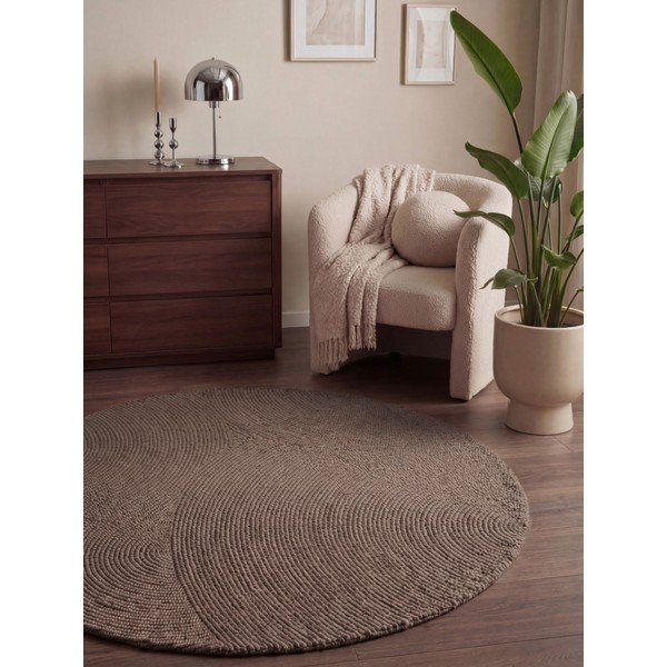 Rankų darbo taupe spalvos iš vilnos apvalios formos kilimas ø 200 cm Calmio – Hanse Home-image-1