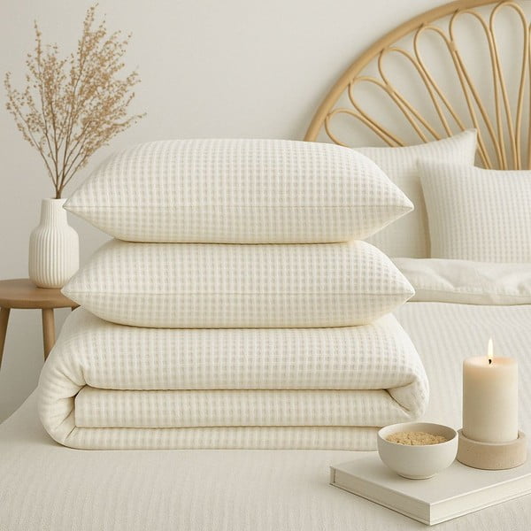 Baltos spalvos iš ranforce medvilnės viengulė patalynė 140x200 cm Waffle Striped – Mila Home Luxury-image-3