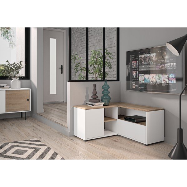TV spintelė baltos spalvos/natūralios spalvos iš ąžuolo 90x45 cm Angle – TemaHome-image-1