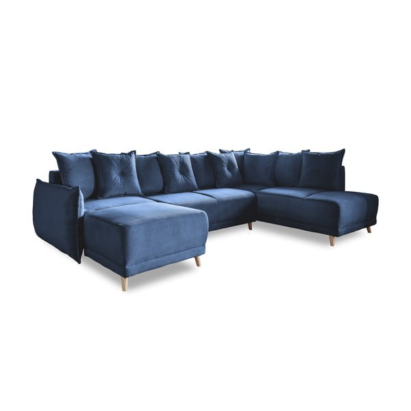 Sulankstoma kampinė sofa iš kordinio velveto tamsiai mėlynos spalvos (su dešiniuoju kampu/„U“ formos) Lazy Lukka – Miuform