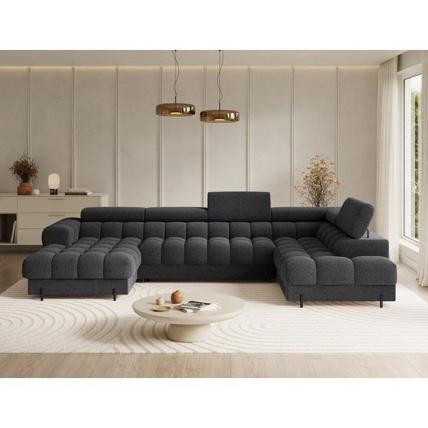 Tamsiai pilkos spalvos iš boucle sulankstoma kampinė sofa (su dešiniuoju kampu/„U“ formos) Feraria – ELTAP-image-1