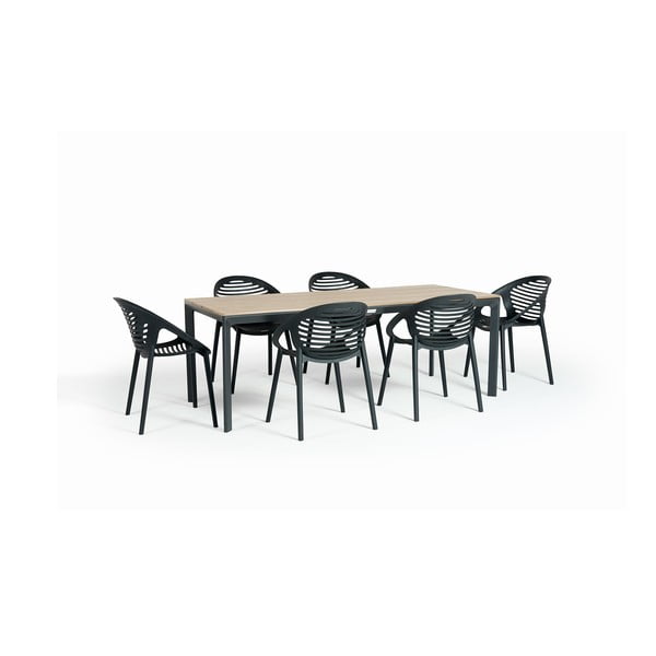Sodo valgomojo komplektas 6 asmenims su juodomis kėdėmis Joanna ir stalu Thor, 210 x 90 cm