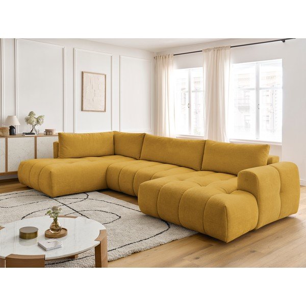 Garstyčių spalvos sulankstoma/su sandėliavimo vieta kampinė sofa (su kairiuoju kampu/„U“ formos) Fuji – Bobochic Paris-image-1