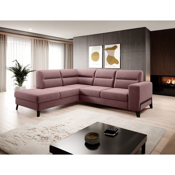 Rožinės spalvos iš velveto sulankstoma/su sandėliavimo vieta kampinė sofa (su kairiuoju kampu/„L“ formos) Cassara – ELTAP-image-1
