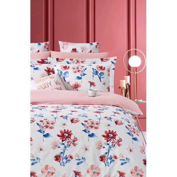 Iš ranforce medvilnės dvigulė/itin ilga patalynė baltos spalvos/rožinės spalvos su paklode/4 dalių 200x220 cm – Mila Home-image-1
