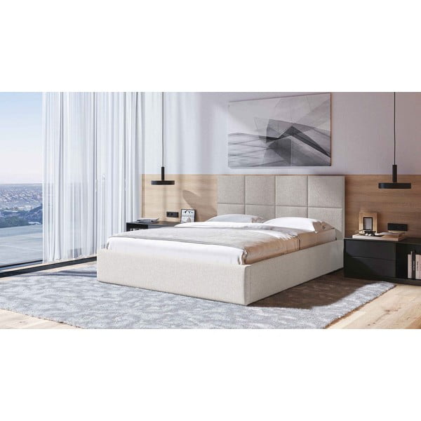 Smėlio spalvos minkšta dvigulė lova su dėže ir grotelėmis 160x200 cm Bufo - MESONICA-image-1