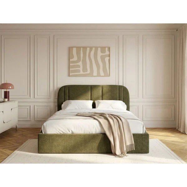 Žalios spalvos dvigulė lova audiniu dengta su sandėliavimo vieta su lovos grotelėmis 180x200 cm Sidney – Bobochic Paris-image-2