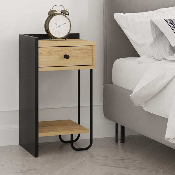 Naktinis staliukas juodos spalvos/natūralios spalvos iš ąžuolo su lentynomis Mercure – Marckeric-image-1