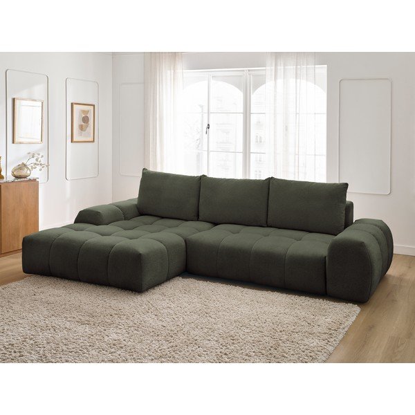 Žalios spalvos iš šenilinio audinio sulankstoma/su sandėliavimo vieta kampinė sofa (su kairiuoju kampu/su gultu) Everest – Bobochic Paris-image-1