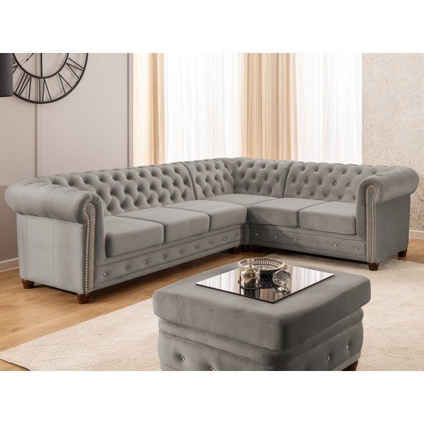 Pilkos spalvos sulankstoma kampinė sofa iš velveto (su dešiniuoju kampu/„L“ formos) York Blik – Ropez-image-1