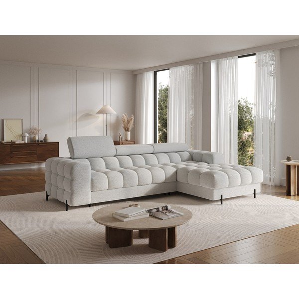 Pilkos spalvos kampinė sofa iš boucle (su dešiniuoju kampu/su gultu) Felro – ELTAP-image-1