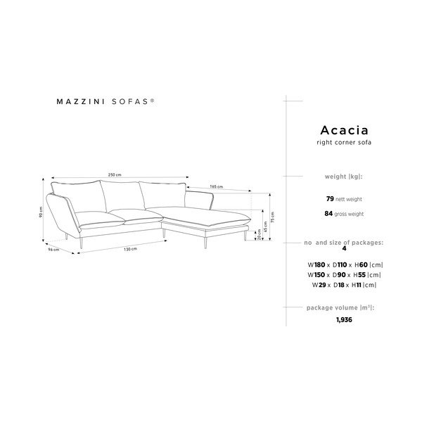 Šviesiai pilka aksominė kampinė sofa "Mazzini Sofas Acacia", dešinysis kampas-image-3