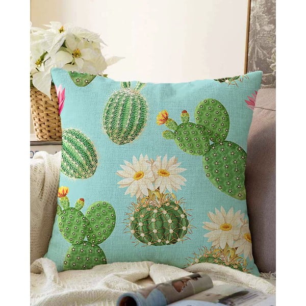 Minimalistiniai pagalvėlių užvalkalai Blooming Cactus mėlynai žalias medvilninis užvalkalas, 55 x 55 cm
