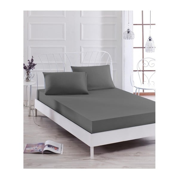 Pilkos elastinės paklodės ir 2 užvalkalų rinkinys viengulėlei lovai Basso Gris, 160 x 200 cm