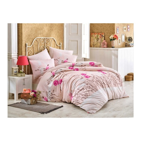Rožinė medvilninė patalynė su paklode viengulėlei lovai "Rose", 160 x 220 cm