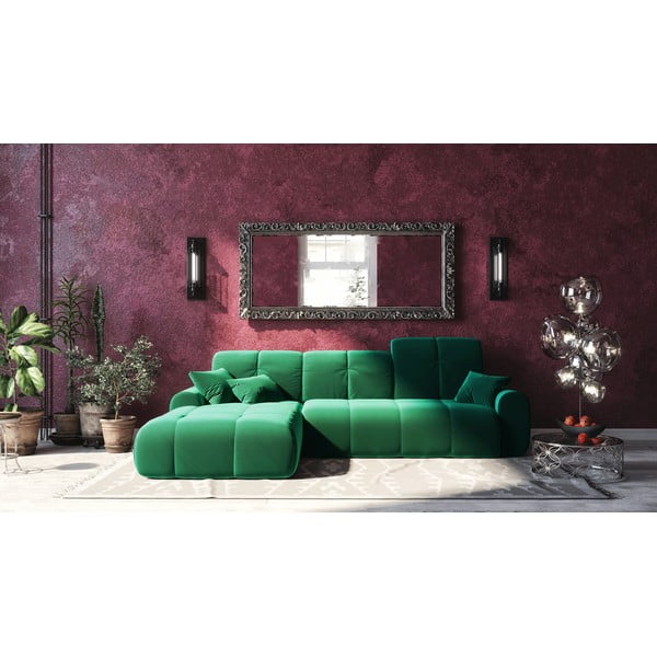 Tamsiai žalia aksominė kampinė sofa-lova Devichy Tous, kairysis kampas-image-4