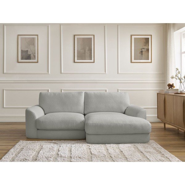 Šviesiai pilkos spalvos kampinė sofa iš boucle (su dešiniuoju kampu/su gultu) Leonore – Bobochic Paris-image-1