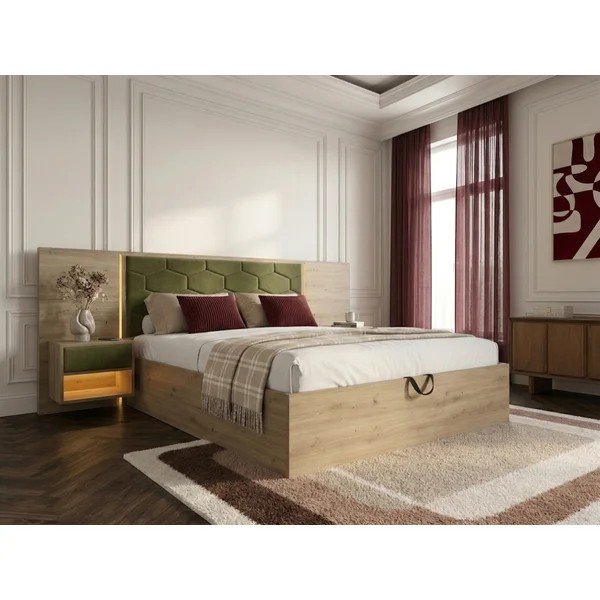 Tamsiai žalios spalvos dvigulė lova audiniu dengta/iš medžio drožlių plokštės su sandėliavimo vieta su lovos grotelėmis 160x200 cm Palmeraie – Bobochic Paris-image-1
