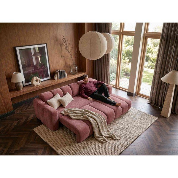 Raudonos spalvos sulankstoma kampinė sofa iš šenilinio audinio (su dešiniuoju kampu) Michell – Miuform-image-1