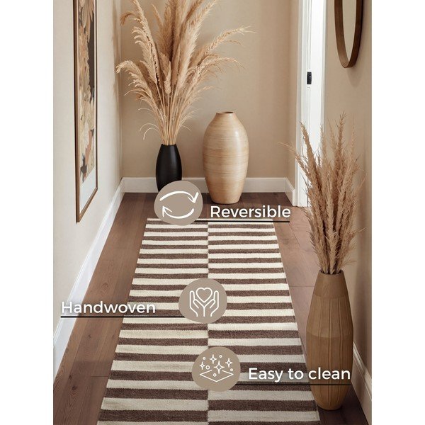 Apverčiamas/rankų darbo baltos spalvos/rudos spalvos iš vilnos kilimas 80x200 cm Vika – Hanse Home-image-4