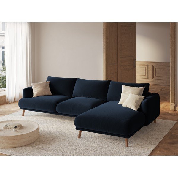 Tamsiai mėlynos spalvos kampinė sofa iš velveto (su dešiniuoju kampu/su gultu) Naomi – Micadoni -image-1