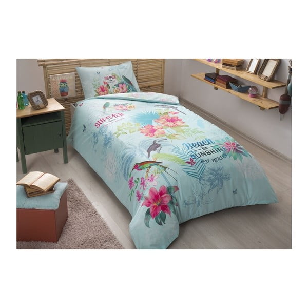 Dvivietės lovos paklodė su ranforce medvilnės paklode Vasara turkio spalvos, 160 x 220 cm