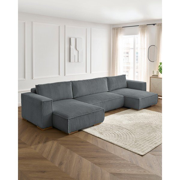 Tamsiai pilkos spalvos iš kordinio velveto sulankstoma/su sandėliavimo vieta kampinė sofa („U“ formos) Chelsea – Bobochic Paris-image-1