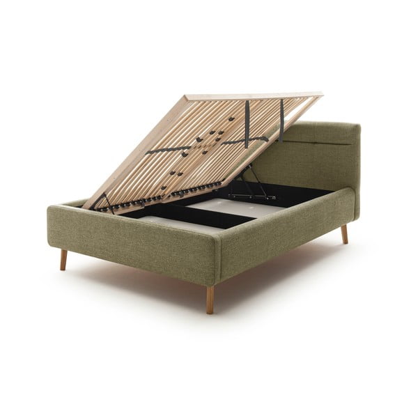 Žalios spalvos dvigulė lova audiniu dengta su sandėliavimo vieta su lovos grotelėmis 140x200 cm Lotte – Meise Möbel-image-4