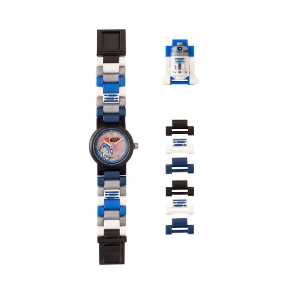 Vaikiškas mėlynos, juodos ir baltos spalvų laikrodis su figūrėle LEGO® Star Wars R2D2
