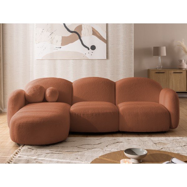 Terakotos spalvos kampinė sofa iš boucle (su kairiuoju kampu/su gultu) Orbit – Ropez-image-1
