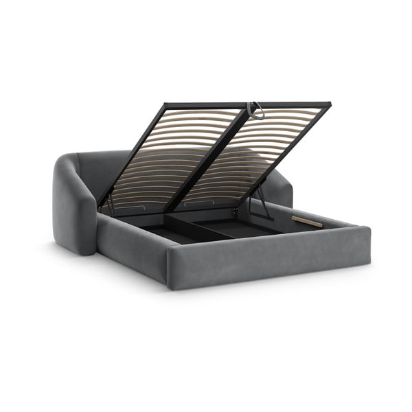 Pilkos spalvos dvigulė lova audiniu dengta su sandėliavimo vieta su lovos grotelėmis 200x200 cm Campi – Cosmopolitan Design-image-2