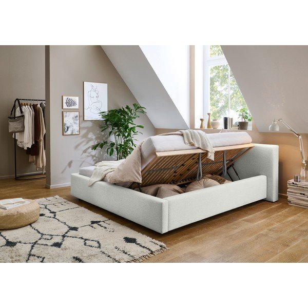 Dvigulė lova baltos spalvos audiniu dengta su sandėliavimo vieta su lovos grotelėmis 140x200 cm Cube – Meise Möbel-image-1