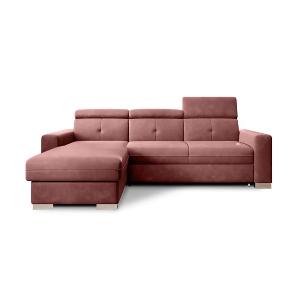 Rožinės spalvos iš velveto sulankstoma/su sandėliavimo vieta kampinė sofa (su kairiuoju kampu/su gultu) Fresia – ELTAP