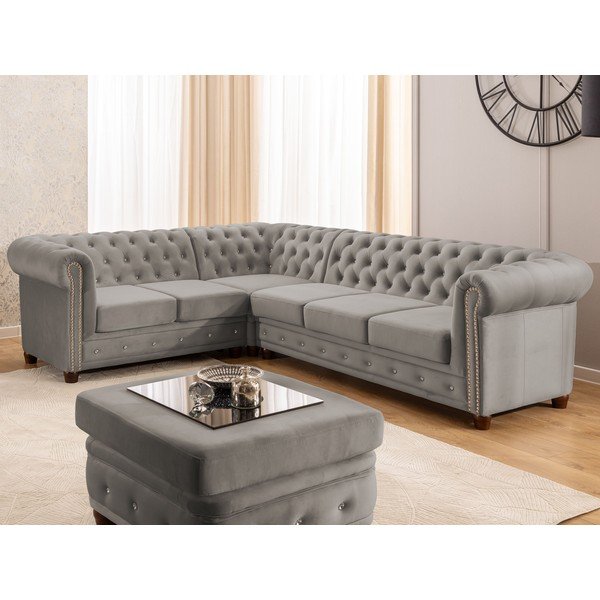 Pilkos spalvos sulankstoma kampinė sofa iš velveto (su kairiuoju kampu/„L“ formos) York Blik – Ropez-image-1