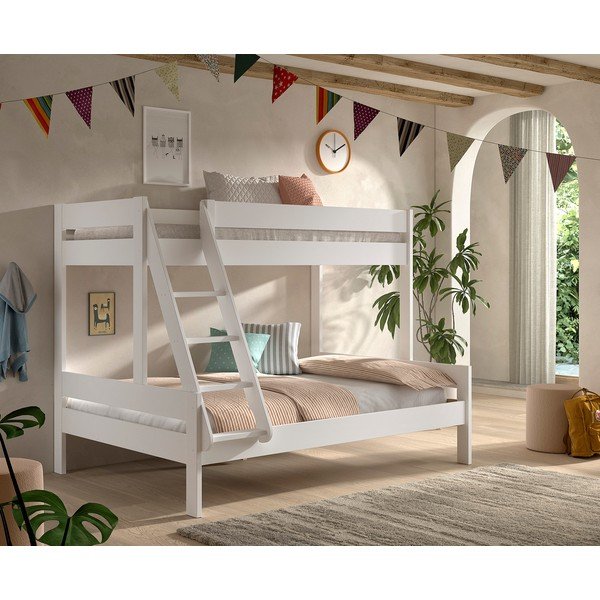 Baltos spalvos dviauktė vaikiška lova su lovos grotelėmis 140x200/90x200 cm Primo – Vipack-image-1