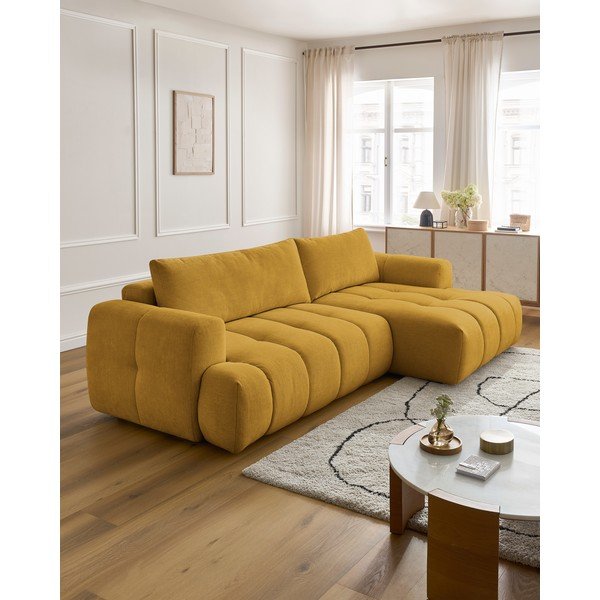 Garstyčių spalvos sulankstoma/su sandėliavimo vieta kampinė sofa (su dešiniuoju kampu/su gultu) Fuji – Bobochic Paris-image-1