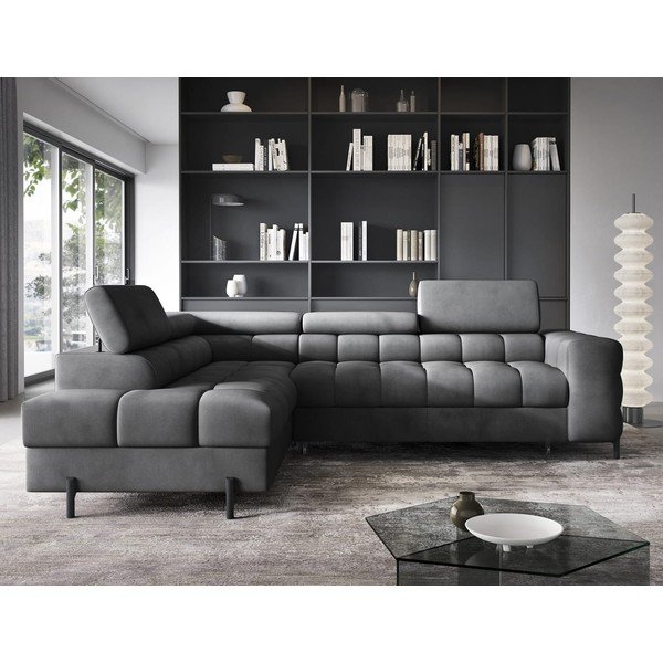 Tamsiai pilkos spalvos iš velveto sulankstoma/su sandėliavimo vieta kampinė sofa (su kairiuoju kampu/„L“ formos) Ferucce – ELTAP-image-1