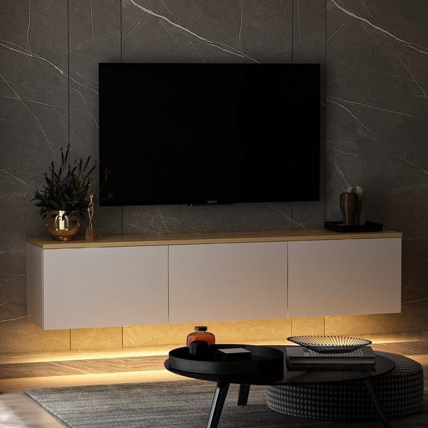 TV spintelė baltos spalvos/natūralios spalvos iš ąžuolo 160x35x32 cm Neon – Kalune Design-image-1