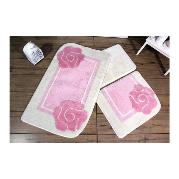Trijų vonios kambario kilimėlių rinkinys su rožinės ir baltos spalvos gėlių motyvais "Knit Knot