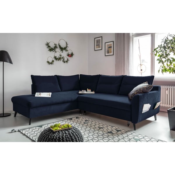 Tamsiai mėlyna aksominė kampinė sofa Miuform Stylish Stan L, kairysis kampas-image-4