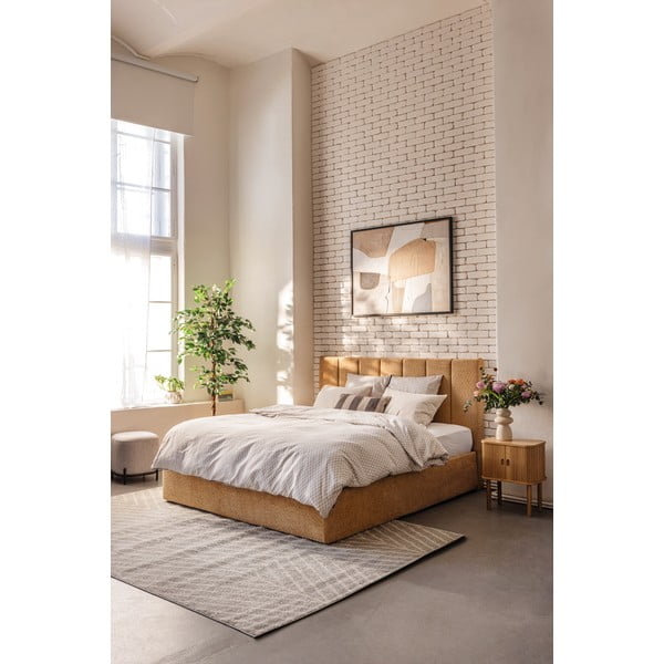 Minkšta dvigulė lova su čiužiniu ir grotelėmis 180x200 cm, garstyčių spalvos, su daiktadėže Thessa Bold Line - Bonami Selection-image-1