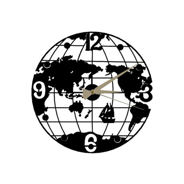 Juodas sieninis laikrodis Globe Clock, ⌀ 50 cm