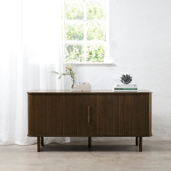 Žema šoninė spintelė rudos spalvos iš ąžuolo su stumdomomis durimis 76x160 cm Cavo – Unique Furniture-image-1