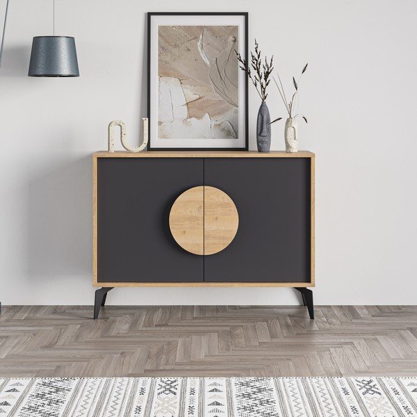 Žema šoninė spintelė juodos spalvos/natūralios spalvos iš ąžuolo 110x82 cm Vae – Marckeric-image-1