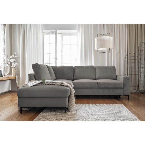 Iš kordinio velveto sulankstoma kampinė sofa pilkos spalvos (su kairiuoju kampu) Lofty Lilly – Miuform-image-1